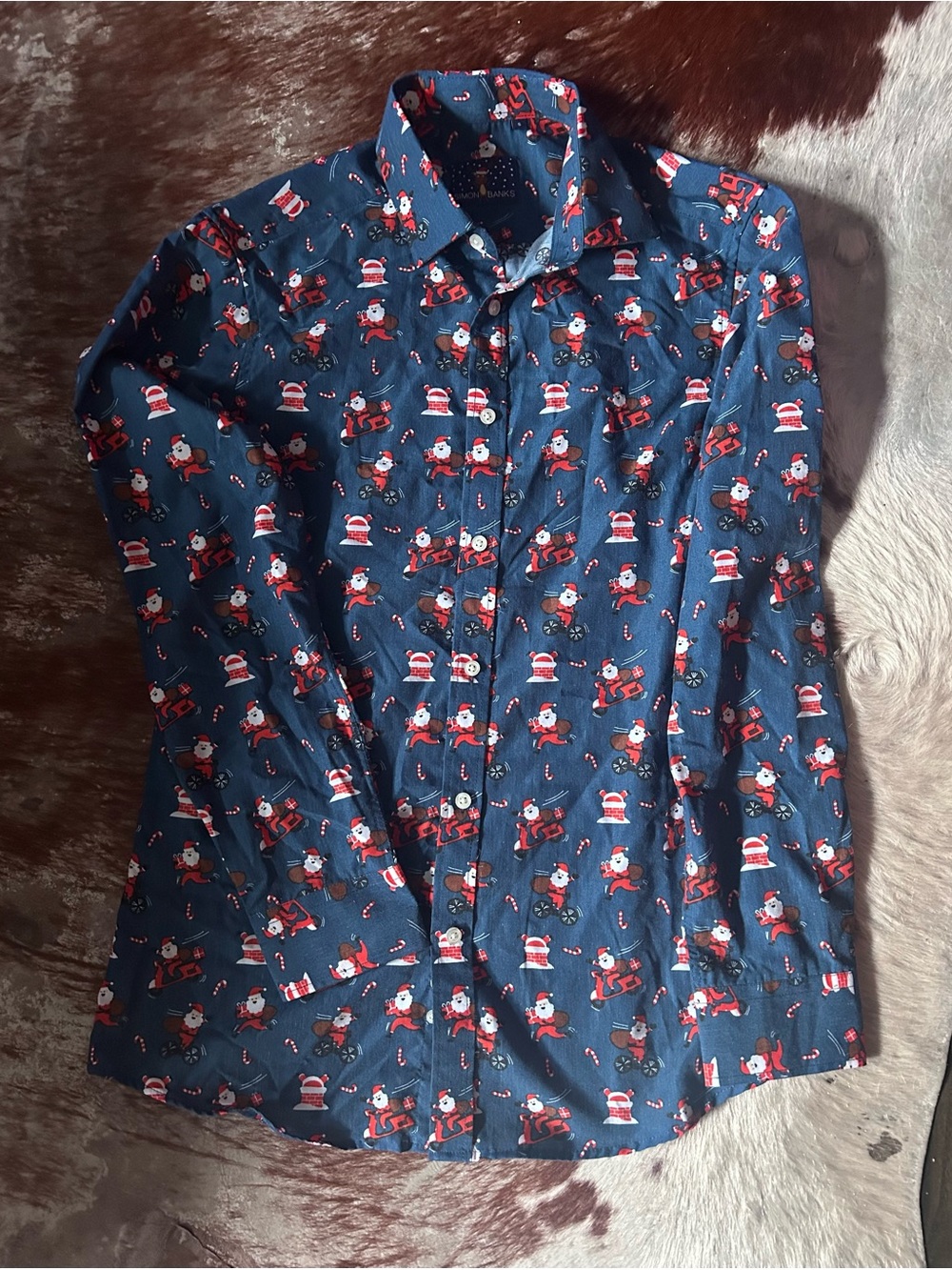 Men's Navy Festive Button-Up Shirt with Santa Print